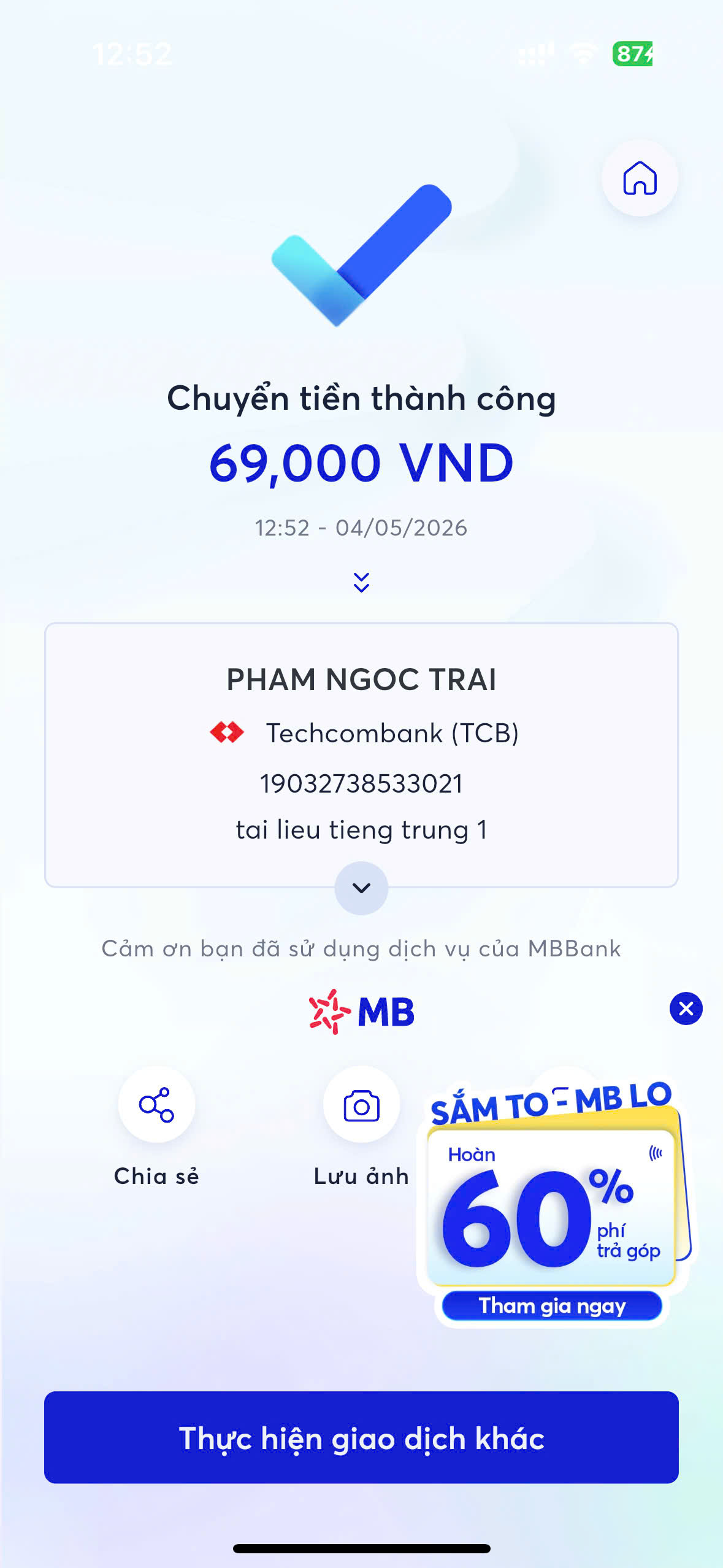 Giao dịch thành công